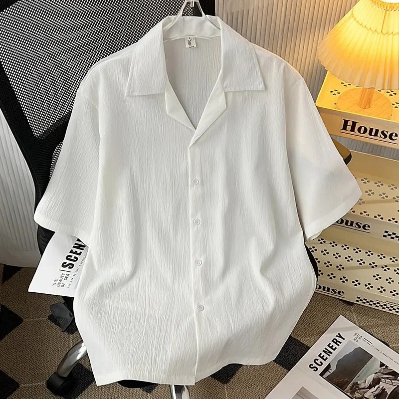衬衫男Summer Thin Men's Ice Silk Shirt High-end Feel Niche Trendy Brand Loose-fit Draped Casual Half Sleeve Shirt