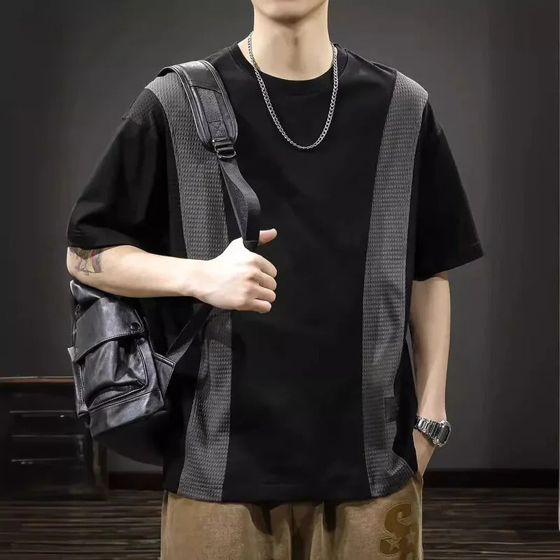 男士背心American Style Design Sensibility Blocking Color Checks Sleeveless T-Shirt Men's Loose Fit Half Sleeve Base Layer Top Crew Neck