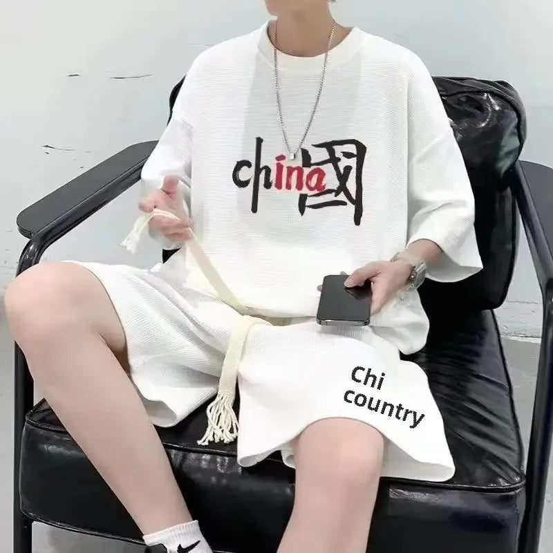 男士套装Trendy Artistic Fashionable Men's Half Sleeve T-shirt Casual Summer Lazy Five Minute Pants Versatile Simple Style