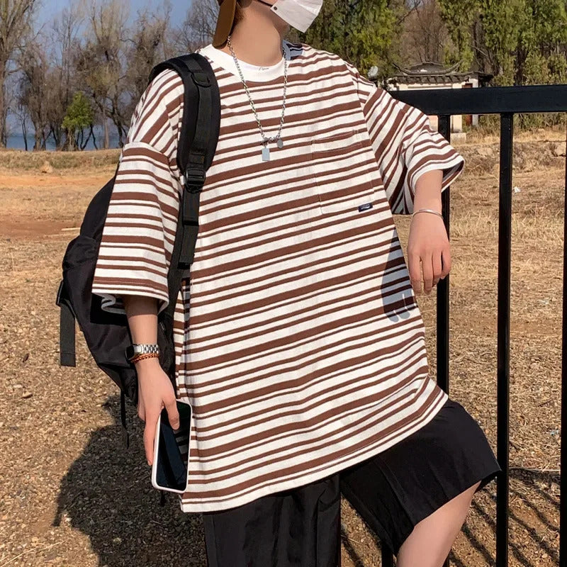 T恤男Japanese Striped Short Sleeve T-Shirts Men Women's Versatile Summer Loose Fit Heavy Duty Color Blocking Half Sleeve Tees Ins