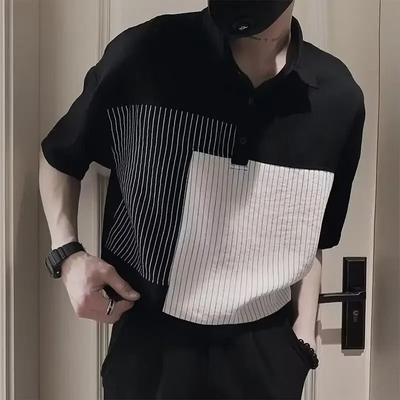 POLO男Trendy Polo Shirt For Men 24 Year Summer New Style Lapel Color Block Loose Fit Korean Version Fashionable Youth Casual Wear