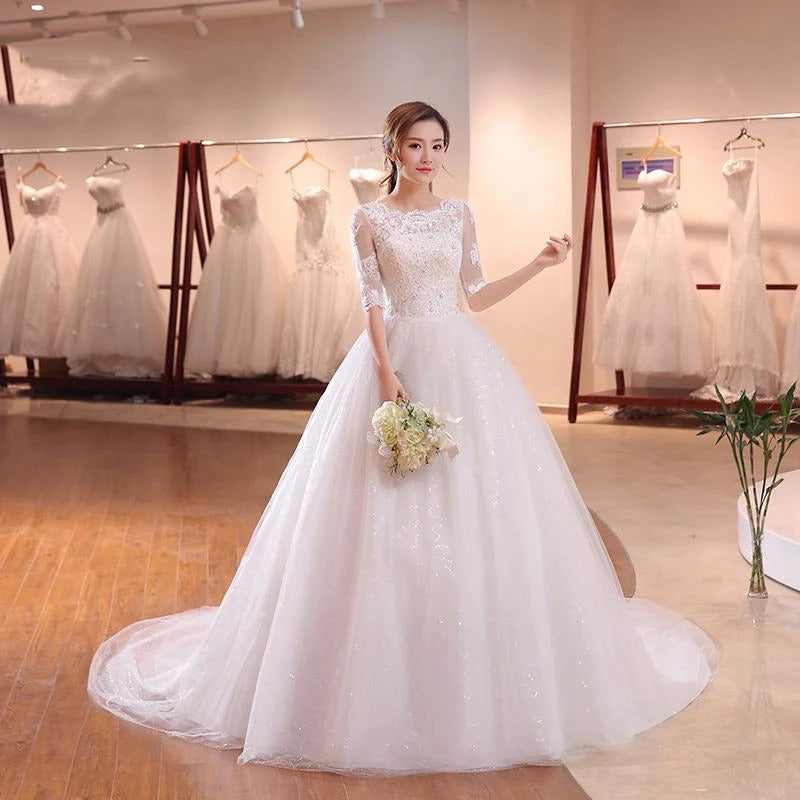 礼服女Y&M Novias Fashion Classic Plus Size Wedding Dress With Sleeve Long Train Princess bride Gown Vestido De Noiva Customized
