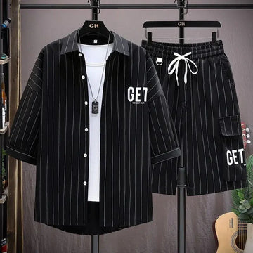男士套装Summer Men's Short Sleeve Striped Loose-Fit Casual Shirt High School Students Fashionable Casual Suit