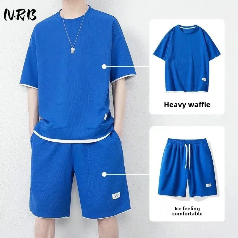 男士套装Casual Men's T-shirt Jeans Shorts 2-piece Set Loose Fit Round Neck Short Sleeves Summer Sport Clothes