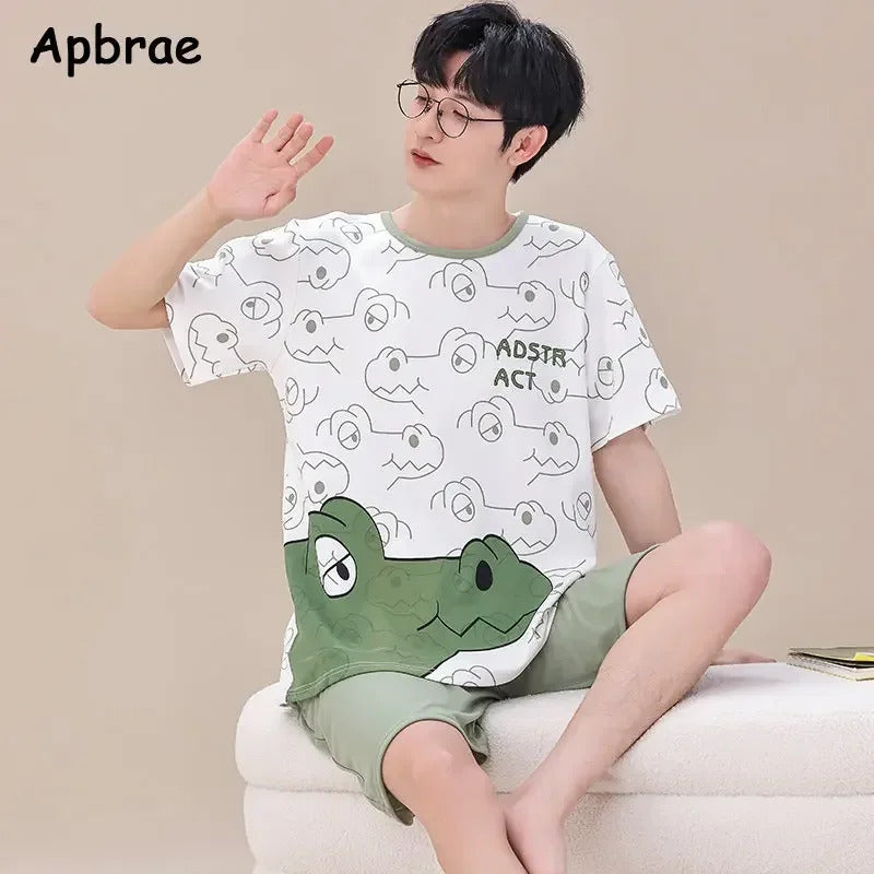 睡衣男Summer Mens Pajamas Plus Size 4XL Casual Short Tops Short Pants Cotton Pijamas Men Sleepwear for Men Fashion Cartoon Home Wear
