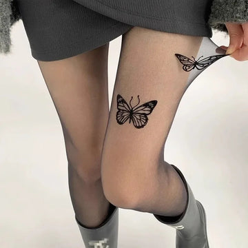 丝袜Summer Women Black Tights Butterfly Print Transparent Silk Pantyhose Fishnets Girls Lolita Thin Y2k Thight High Stockings