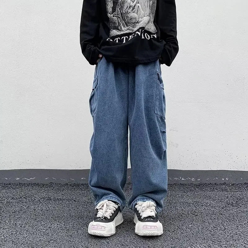 牛仔裤男Vintage Straight-leg Loose-fit Multi-pocket Men's Jeans Winter American Style Trendy Brand Casual High Street Pants