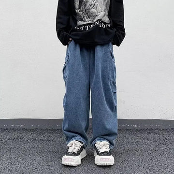 牛仔裤男Vintage Straight-leg Loose-fit Multi-pocket Men's Jeans Winter American Style Trendy Brand Casual High Street Pants