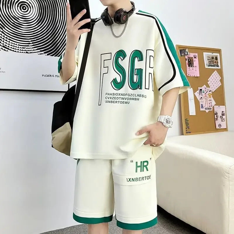 男士套装Trendy Summer Suit Combo Cool Celeste Brand Quick Dry Shorts Sportswear For Boys Early High School Student