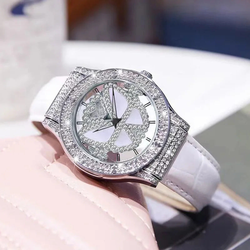 手表女2024 New Watch Women Full Diamond Light Luxury Hollow Full Sky Star butterfly Leather Waterproof Female Fashion Quartz Watches