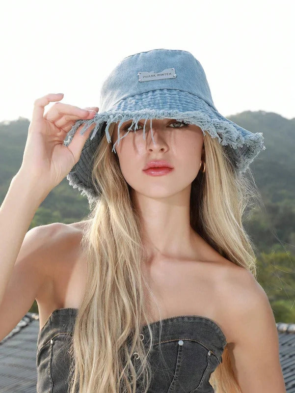 帽子女Cowboy fisherman hat for women in spring and summer, thin, washed and worn-out, with rough edges and a red mesh basin hat. Outdo