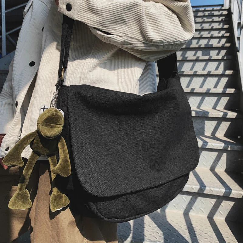 包包男Japanese solid color large-capacity canvas bag male Harajuku postman bag tide leisure student  shoulder bagmessengerbag