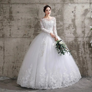 礼服女New Summer Korean Light Wedding Dress Vestidos De Novia Off White Bride Custom O-neck Princess Simple Long Sleeve Lace Appliques