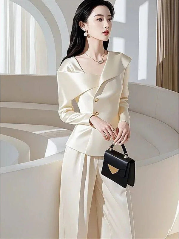 商务装女New High End Fashion Design Two Piece Sets Women satin Irregular Lapel Long Sleeve Shirt Tops + Wide Leg Pants Elegant Suit OL
