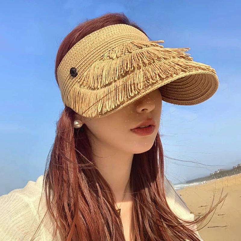 帽子女Straw Sun Hat Visor Beach  Tassels Hat Wide Brim  Roll up Packable for Women Holiday travel