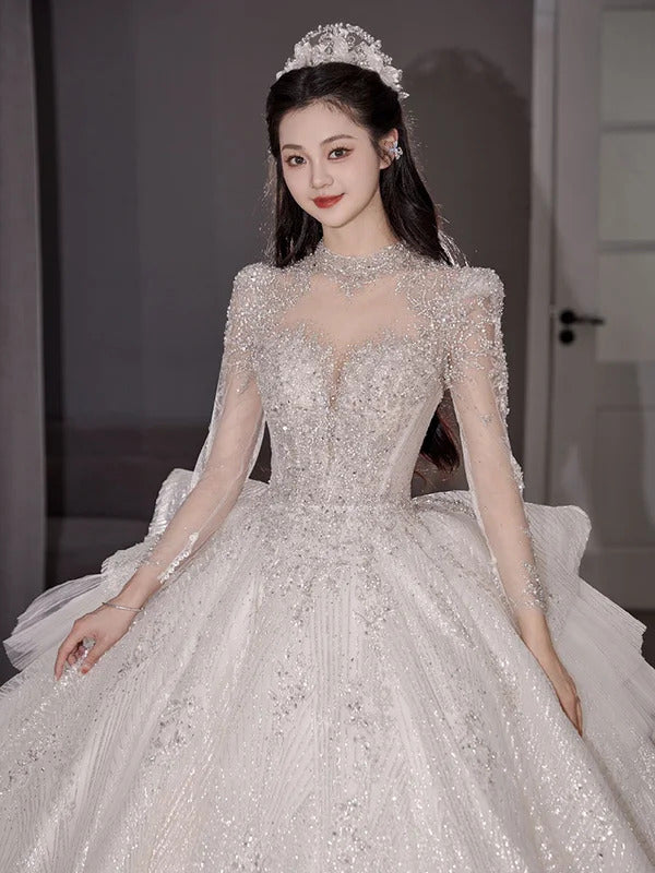 礼服女Lace Beading Wedding Dresses For Women 2024 Spring Princesss Vintage High Neck Long Sleeves Bridal Ball Gown Vestidos De Novias