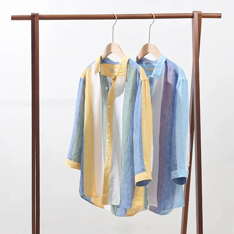 衬衫男Striped Hemp Shirt Men's Trendy7 Quarter Sleeve Summer Japanese Style Loose Fit Thin Korean Version Trendy Half Sleeve Shirt
