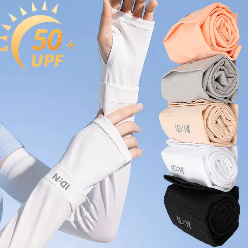 冰袖男Summer Ice Silk Sun Protection Sleeves Driving Gloves Long Fingerless Cool Arm Warmer Solid Color Outdoor Beach Arm Protection