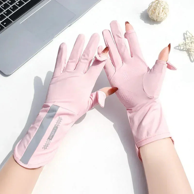 防晒手套女Summer Sunscreen Gloves Women Thin Ice Silk Anti-ultraviolet Dew Finger Touch Screen Driving Riding Non-slip Breathable UPF 50
