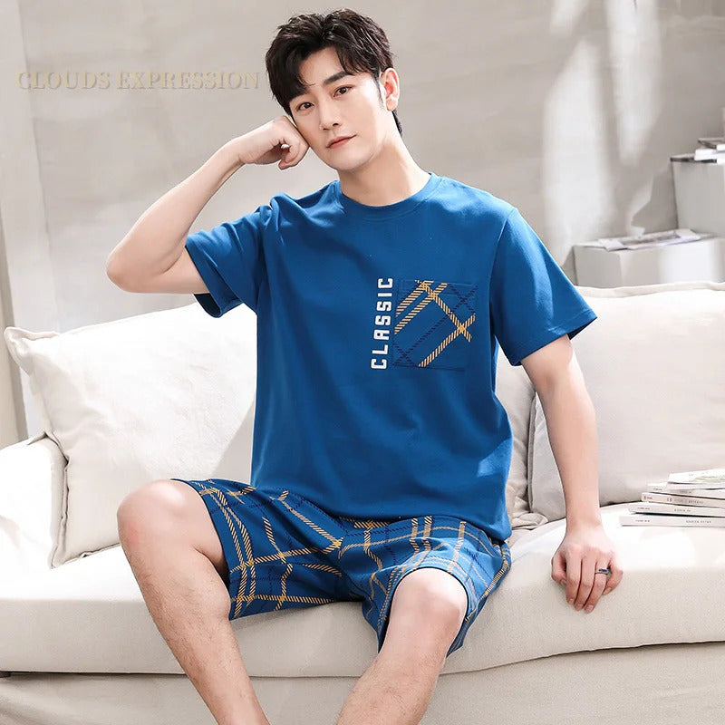睡衣男Summer New Cartoon Mens Pajamas Casual Short Tops Lattice Short Pants Sets Pyjamas Stripe Men Sleepwear Pijamas Homewear Fashion