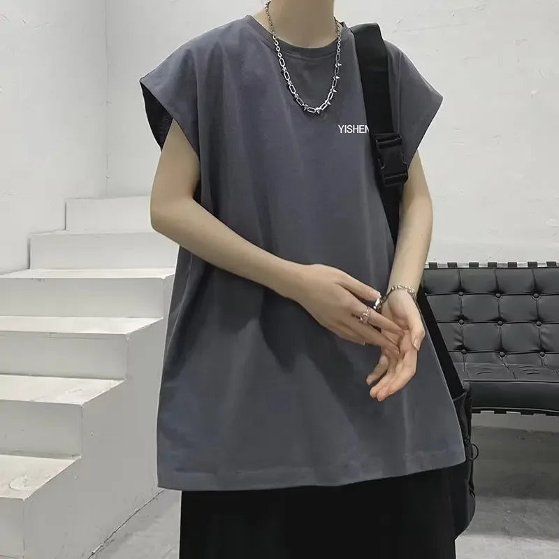 男士背心New Solid Color Men's Sweatshirt INS Fashionable Trendy Printing Sleeveless T-Shirt Loose-Fit Plus Size Summer Versatile Outerwe