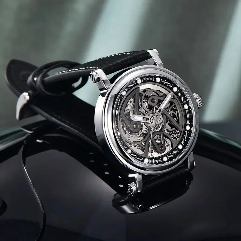 手表男手表男Benyar Fashionable Men's Watch Automatic Mechanical Wristwatch Hollow Waterproof Genuine Leather Luminous Nightlight Men's Watch