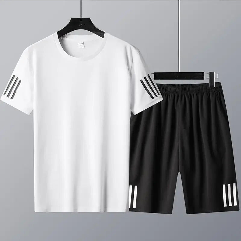 男士套装Quick-Dry Summer Sports Suit Round Neck Loose-Fit Plus Sizes Short Sleeves Beach Casual Trousers Cross-Border Men's Set