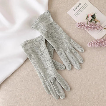 防晒手套女Women Mulberry Silk Sunscreen Touch Screen Sun Glove UV Protection Summer Thin Breathable Driving Flower Lace Sleep Mitten