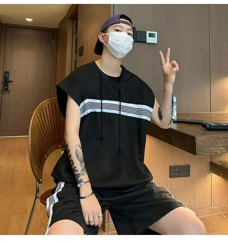 男士套装2023 American Style Vintage Summer New Men's Sport Casual Suit Color Blocking Design Sensibility Sleeveless Vest Shorts 2-Piece