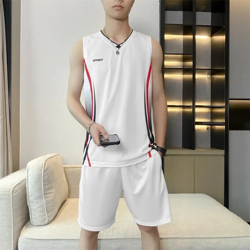 男士套装Men's Summer Basketball Jersey Ice Silk Quick Dry Running Training Sports Suit Sleeveless Basketball Uniform