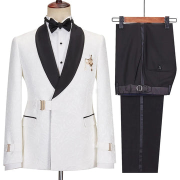 礼服男2025 Men Suits Black and White Floral Jacquard Dinner Tuxedo Pants Double Breasted with Single Metal Side Buckle