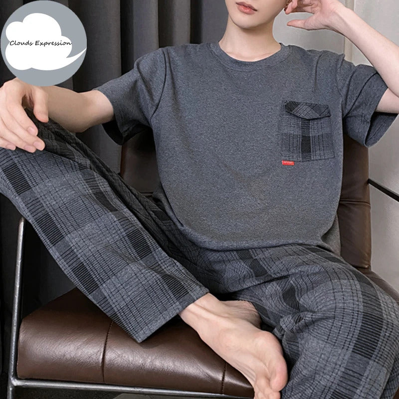 睡衣男Summer Knitted Plaid Cool Mens Pyjamas Pajamas Casual Short Tops +Long Pants Sets Men's Sleepwear Nightwear Pijamas 4XL Homewea