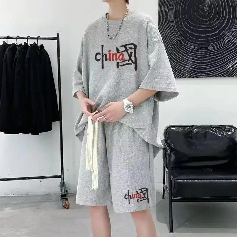 男士套装Trendy Artistic Fashionable Men's Half Sleeve T-shirt Casual Summer Lazy Five Minute Pants Versatile Simple Style