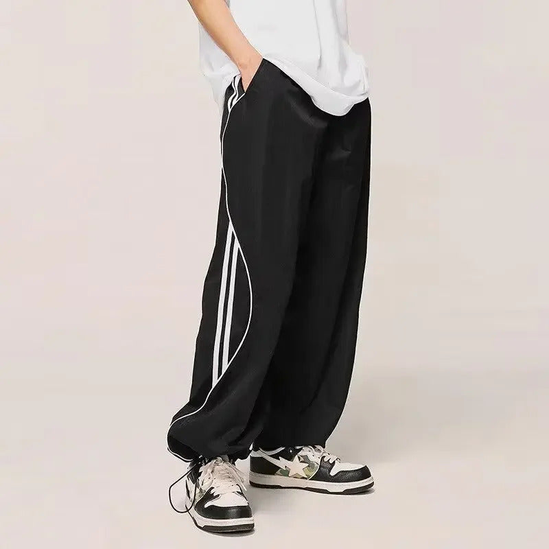 休闲裤男Streetwear Straight-leg Casual Pants Men Loose Fit Lightweight Sports Trousers Striped Quick Dry Pants For Spring Summer