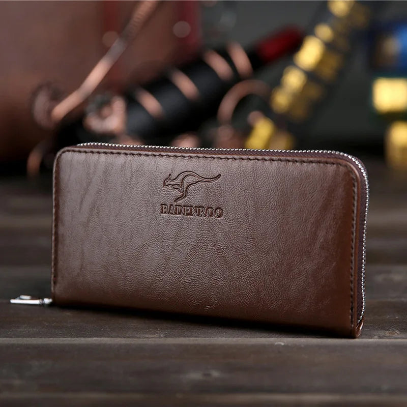 Wallet Men Long Zipper Top Leather Wallets Solid Color Male Business Clutch Cellphone Wallet Big Capacity Card Holder Purse 2021