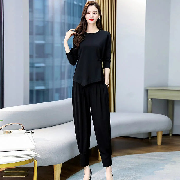 Women's Suit 2022 Spring Autumn New Korean Wide Leg Pants Long Sleeve Crop Tops Fashion Two Piece Set Elegant For Women Clothing