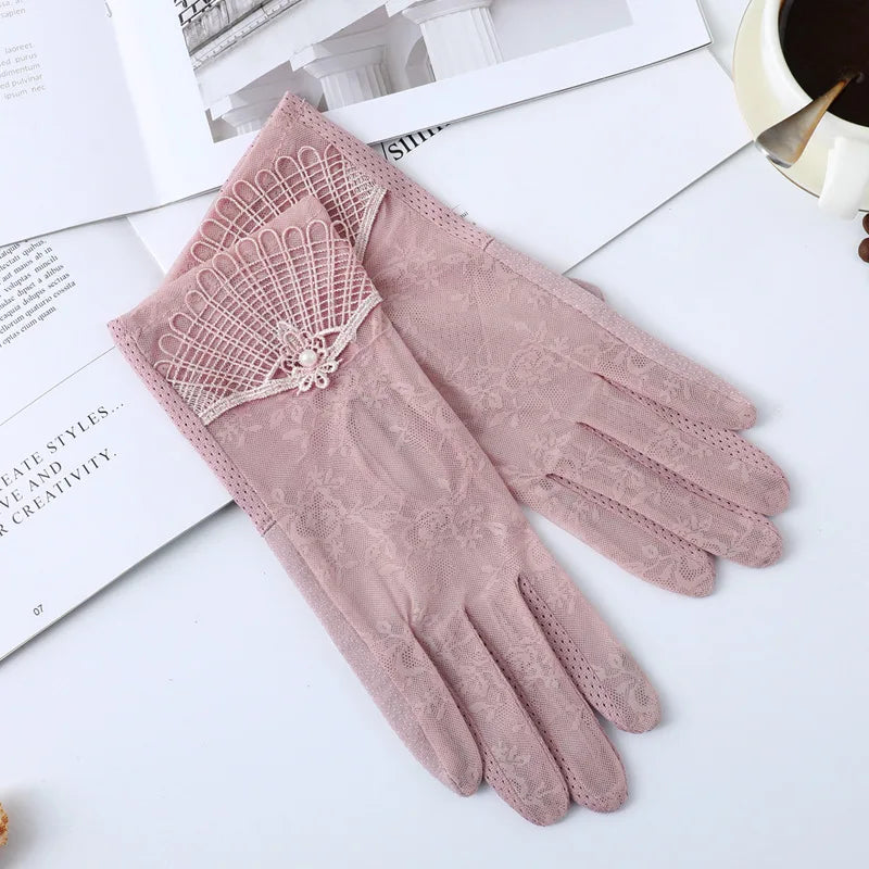 Summer Women Sunscreen Touch Screen Anti-UV Ice Silk Gloves Thin Breathable Non-slip Short Female Elegant Jacquard Drive Gloves