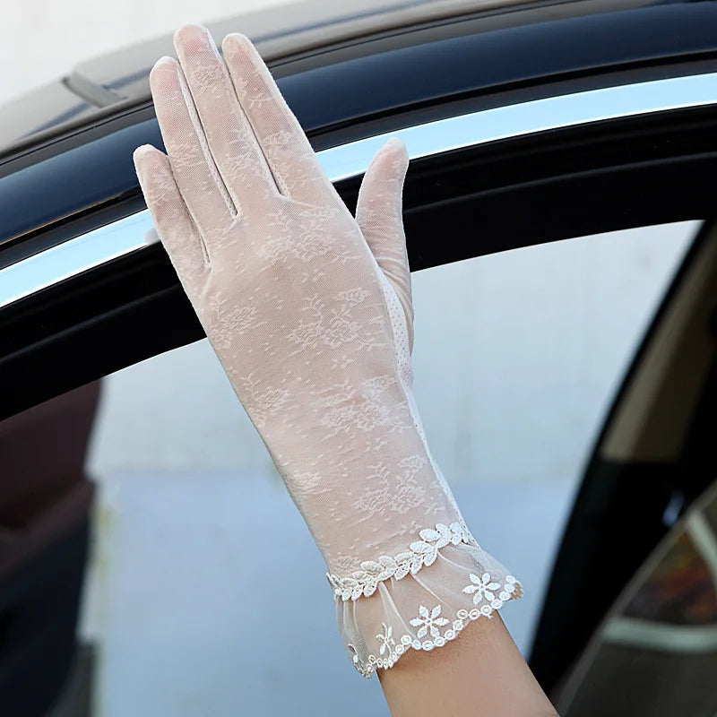 Summer Sunscreen Sexy Lace Women Driving Outdoor Thin Breathable Non Slip Medium Gloves Touch Screen Exquisite Female Elasticity