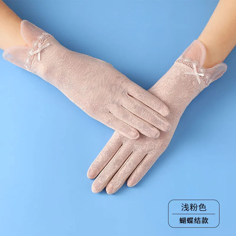 Lace Sunscreen Gloves Summer Women Sexy Ice Silk Non-Slip Touch Screen Breathable Thin Mid-Length Elegant Pearl Flower Bow TK31