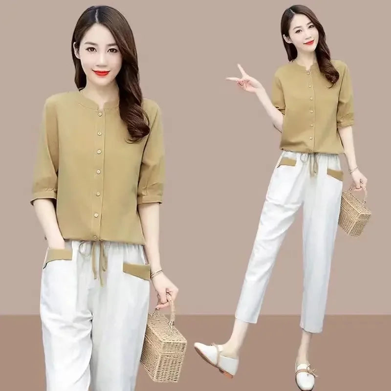 One-Piece/Suit Cotton Linen Women 2025 New Women's Short-Sleeved Shirt Nine-Point Pants Two-Piece Female Top Set  L658