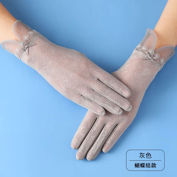 Lace Sunscreen Gloves Summer Women Sexy Ice Silk Non-Slip Touch Screen Breathable Thin Mid-Length Elegant Pearl Flower Bow TK31