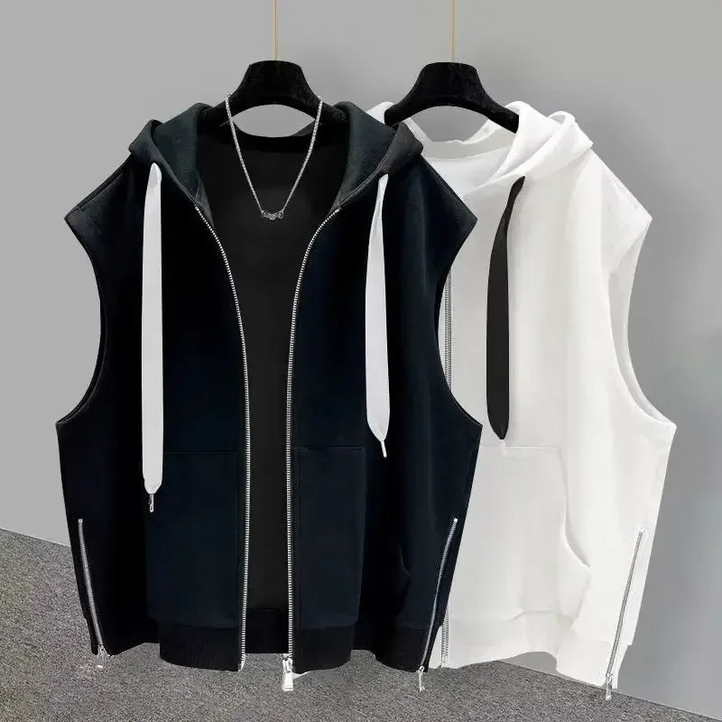 Men's Sleeveless VestJacket Casual Sport Zipper Up Youth With Cap Solid Color Top Spring Autumn Trendy Men Sweatshirt