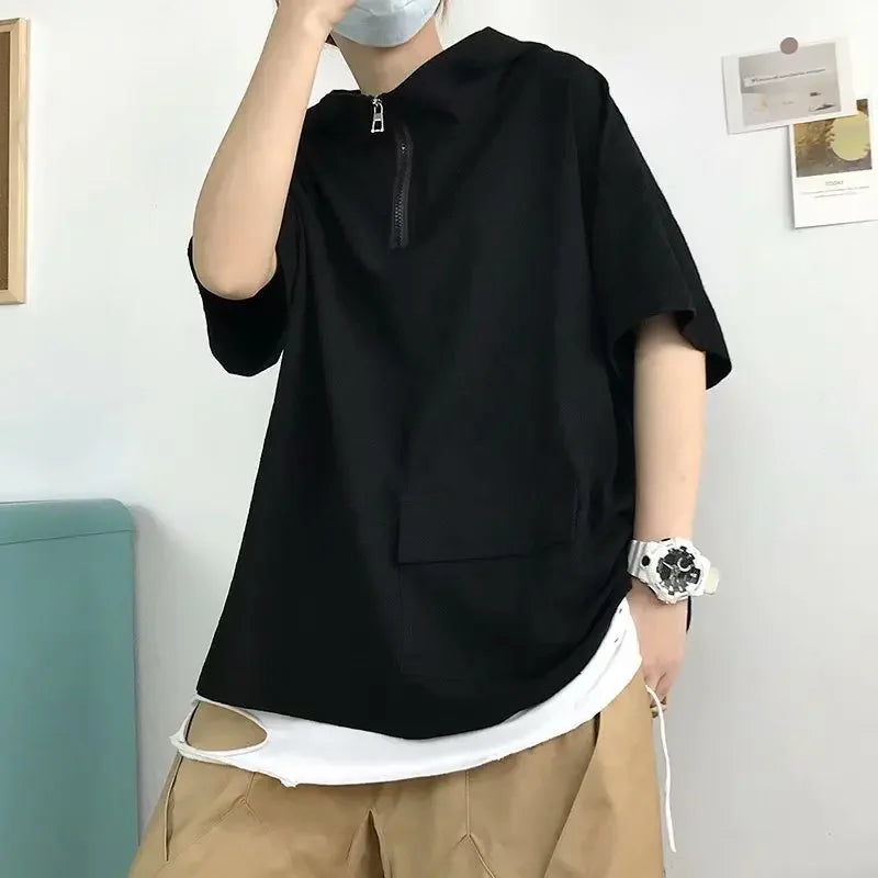 Trendy Summer Short Sleeve Men's T-shirt Loose Fit Half Sleeve Hooded Top Versatile Student Half Polo/turtle Neck Tees