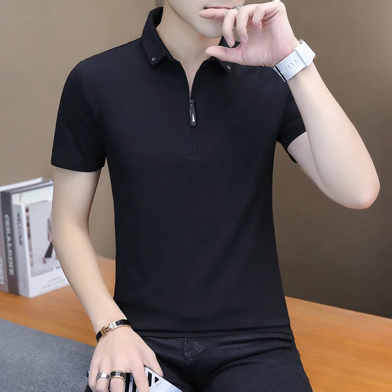 TFETTERS 2025 Summer New Fashion Men T-shirt Korean Style Slim Fit Cotton T Shirt Men Short Sleeve Turn-down Collar Men T Shirt