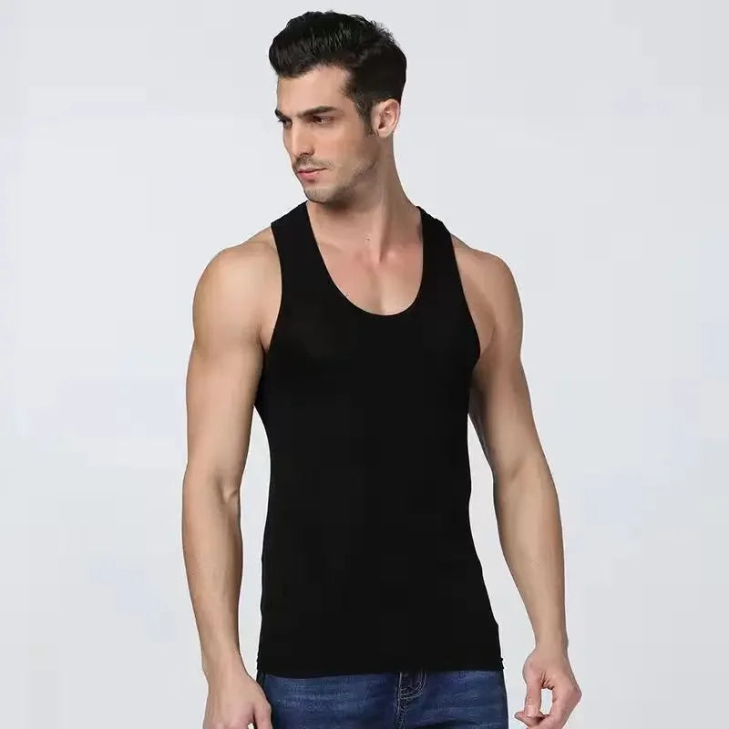Pure Cotton Sleeveless Vest Men's T-shirt Solid Color Slim Fit round Neck Men's Fashion Versatile Student Basic Tee Base Shirt
