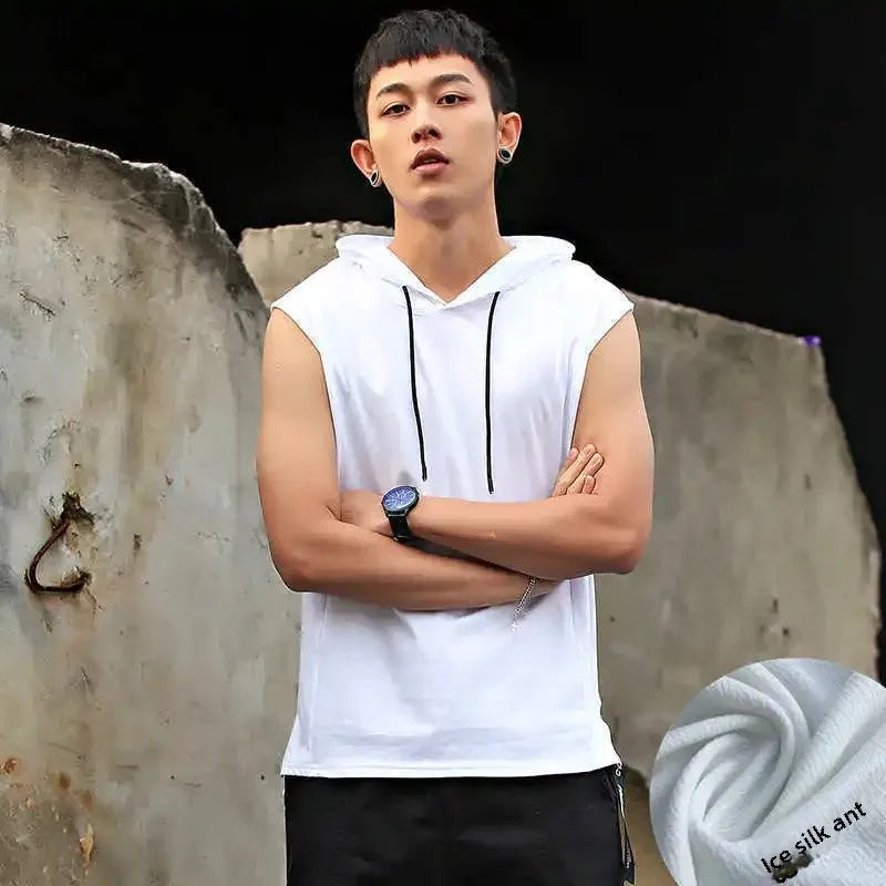 Men's Summer Korean Style Sleeveless T-Shirt Trendy Vest With Hoodie Short Sleeves Sweatshirt Bodycon Tee For Hot Weather