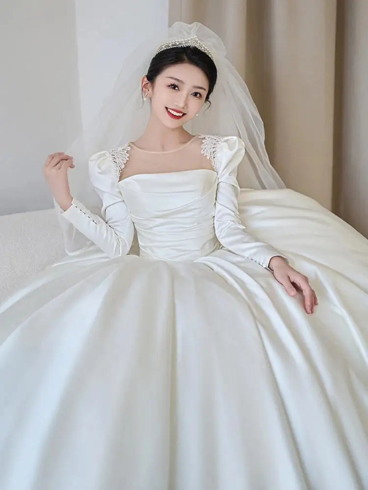 2024 New Satin Wedding Dress for Bridal Ball Gowns Elegant Retro Long Sleeved Simple Floor Length Custom Make Pluse Size