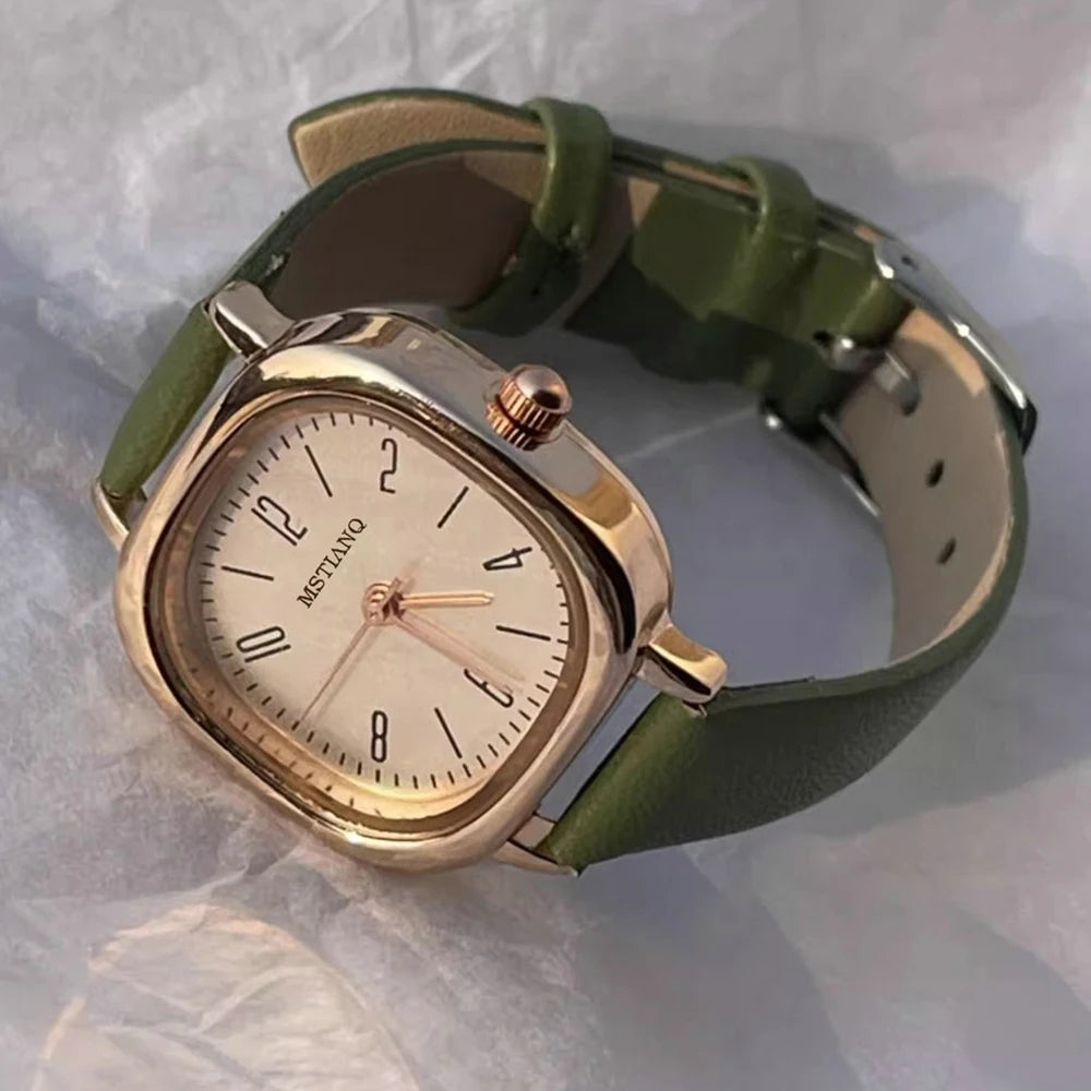 MAYZHISU Luxury Women's Watches Lady Round Ladies Bracelet Female Watch Leather Thin Retro Quartz Wristwatch for Women Girl Gift