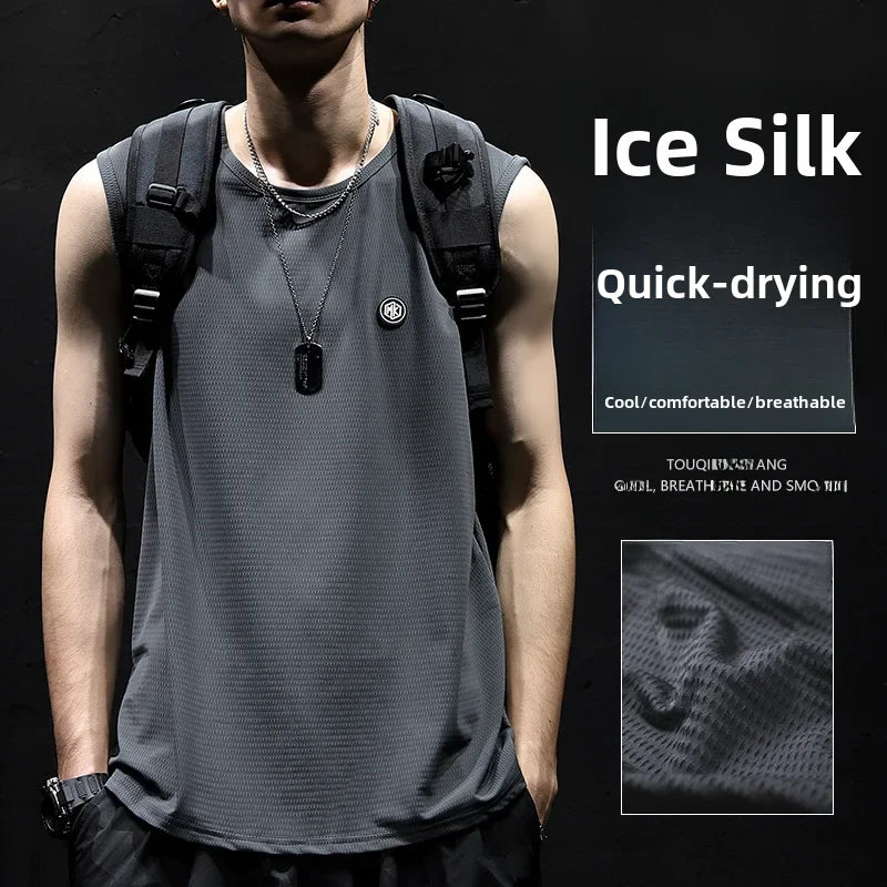 Summer Ice Silk Sleeveless Vest Men's Shoulder Vest Quick Dry Ice Sensation Fit Men's Sports Fitness Camouflage T-shirt Trendy