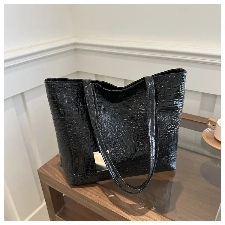 PU Leather Female Big Tote Bag Ladies Hand Bags Sac Silver Gold Black Crocodile Handbag Fashion Casual Women Shoulder Bags
